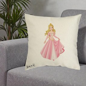 Perna Decorativa Printesa Aurora Rochie Roz, 40x40 cm, Ecru, Husa Detasabila, Perna Inclusa, BEKZ®