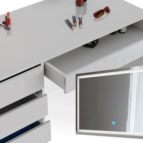 Masuta machiaj cu Oglinda LED si 5 Sertare pentru Cosmetice, Set Masa toaleta 120 cm, Alb Lucios, masuta cosmetica, vanity - SEA902
