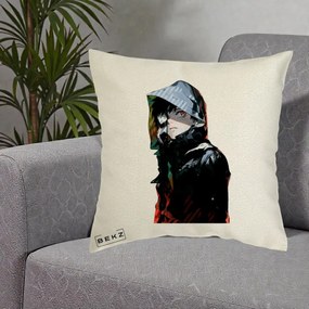 Perna Personalizata Tokyo Ghoul Ken Kaneki cu Masca si Gluga, 40x40 cm, Ecru, Husa Detasabila, Perna Inclusa, BEKZ®