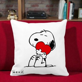 Perna Personalizata Snoopy cu Inima, 40x40 cm, Alba Mata, Husa Detasabila, Perna Inclusa, BEKZ®