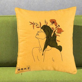 Perna Decorativa Portret Feminin Profil Flori Portocalii, 40x40 cm, Galben, Husa Detasabila, Perna Inclusa, BEKZ®
