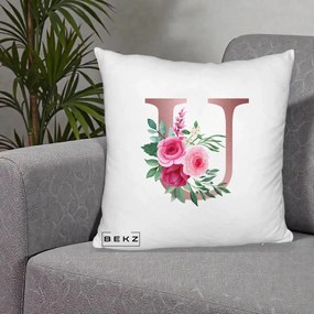 Cadou Personalizat - Perna Personalizata Monograma Rose Gold Litera U, 40x40 cm, Alb Pufos, Husa Detasabila, Perna Inclusa, BEKZ®