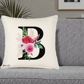Cadou Personalizat - Perna Personalizata Monograma Florala Litera B, 40x40 cm, Crem Reliefat, Husa Detasabila, Perna Inclusa, BEKZ®