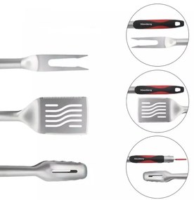 Set 3 ustensile pentru gratar Klausberg BBQ KB 7899, Cleste, Furculita, Spatula, Orificiu de agatat, Otel inoxidabil, Negru/Rosu