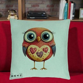 Perna Decorativa Bufnita Rosie cu Inimi Aurii, 40x40 cm, Verde Menta, Husa Detasabila, Perna Inclusa, BEKZ®