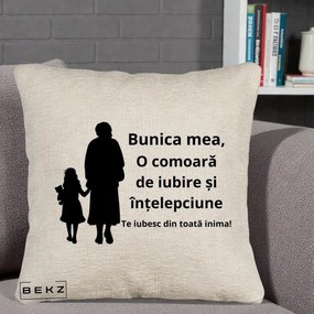 Cadou pentru Bunica - Perna Personalizata Bunica Mea Comoara Iubire Intelepciune Silueta, 40x40 cm, Bej Canapea, Husa Detasabila, Perna Inclusa, BEKZ®