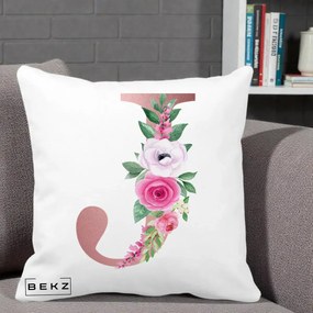 Cadou Personalizat - Perna Personalizata Monograma Rose Gold Litera J, 40x40 cm, Alba Mata, Husa Detasabila, Perna Inclusa, BEKZ®