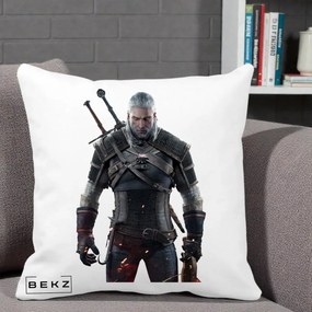 Perna Personalizata The Witcher Geralt of Rivia Portret, 40x40 cm, Alba Mata, Husa Detasabila, Perna Inclusa, BEKZ®