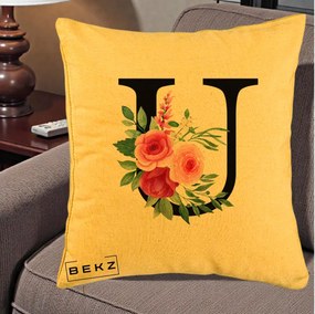 Cadou Personalizat - Perna Personalizata Monograma Florala Litera U, 40x40 cm, Galben, Husa Detasabila, Perna Inclusa, BEKZ®