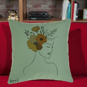 Perna Decorativa Portret Feminin Flori Galbene-Portocalii, 40x40 cm, Verde, Husa Detasabila, Perna Inclusa, BEKZ®