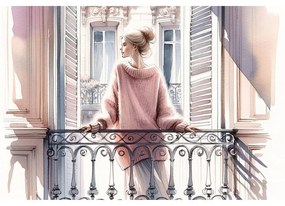 Tablou fată în pulover roz pe balcon