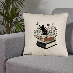 Perna Personalizata Pisica Neagra Carti Flori Fluturi, 40x40 cm, Bej Canapea, Husa Detasabila, Perna Inclusa, BEKZ®