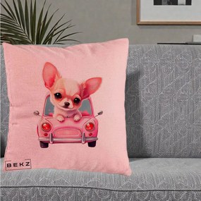 Perna Decorativa Chihuahua Roz in Masinuta, 40x40 cm, Roz, Husa Detasabila, Perna Inclusa, BEKZ®