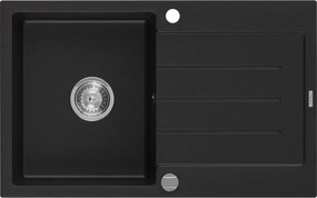 Mexen Bruno chiuvetă de granit cu o cuvă și scurgător 795 x 495 mm, negru, sifon cromat - 6513791010-77