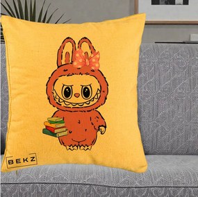 Perna Personalizata Labubu Roz cu Funda si Carti, 40x40 cm, Galben, Husa Detasabila, Perna Inclusa, BEKZ®