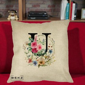 Cadou Personalizat - Perna Personalizata Monogram Litera U cu Flori Acuarela, 40x40 cm, Crem, Husa Detasabila, Perna Inclusa, BEKZ®