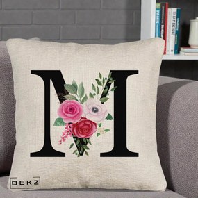 Cadou Personalizat - Perna Personalizata Monograma Florala Litera M cu Trandafiri si Anemona, 40x40 cm, Bej Canapea, Husa Detasabila, Perna Inclusa, BEKZ®