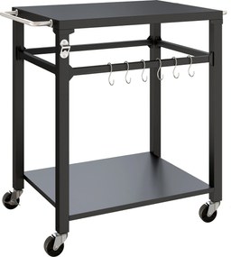 Outsunny Servantă de grădină cărucior de grătar pe roți cu cârlige, mânere, roți blocabile, 90,5x55x88 cm, negru | Aosom Romania