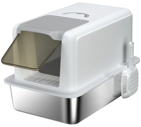PawHut Toaletă pentru pisici, vas din oțel inoxidabil, filtru, lopată, pentru pisici până la 6 kg, 40,5 x 60,5 x 41,5 cm, Alb/Argintiu | Aosom Romania