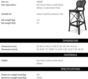 Scaun de bar din ratan design LUX, Colony negru