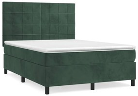 Pat box spring cu saltea, verde inchis, 140x190 cm, catifea Verde inchis, 140 x 190 cm, Cu blocuri patrate