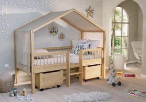 Pat Casă Înălțat Forrest Oak 90x200 cm, pentru Camera Copii, din Lemn de Stejar, Natur, cu Scară, Sertare și Set Textil – Vipack