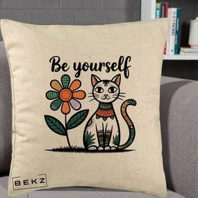 Perna Personalizata Be Yourself Pisica Folk, 40x40 cm, Bej, Husa Detasabila, Perna Inclusa, BEKZ®
