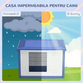 PawHut Cușcă Ridicată pentru Câini de Talie Mică cu Intrare și 2 Deschideri Laterale, Cușcă de Exterior Antiderapantă din Polietilenă, Ușor de Curățat, 60x42x40 cm, Albastru și Alb | Aosom Romania