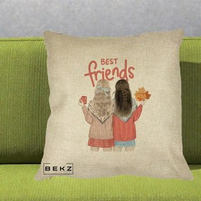 Cadou pentru Prieteni - Perna Personalizata Best Friends Toamna, 40x40 cm, Crem, Husa Detasabila, Perna Inclusa, BEKZ®