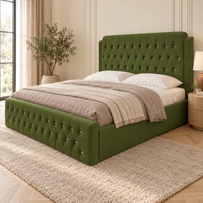 Pat tapițat Chesterfield din catifea Aveline Deluxe 180×200 cm, kaki, cu ladă de depozitare