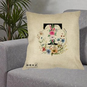 Cadou Personalizat - Perna Personalizata Monogram Litera T cu Flori Acuarela, 40x40 cm, Crem, Husa Detasabila, Perna Inclusa, BEKZ®