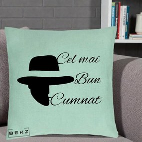 Cadou pentru Cumnat - Perna Personalizata Cel mai Bun Cumnat cu Silueta Palarie, 40x40 cm, Verde Menta, Husa Detasabila, Perna Inclusa, BEKZ®