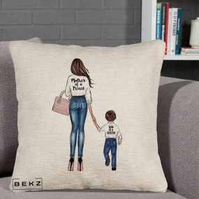 Cadou pentru Mama - Perna Personalizata Canapea, Model Mother of a Prince, 40x40 cm, Bej Canapea, Husa Detasabila, Perna Inclusa, BEKZ®