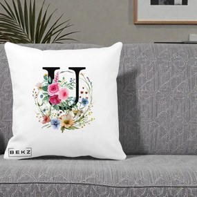 Cadou Personalizat - Perna Personalizata Monogram Litera U cu Flori Acuarela, 40x40 cm, Alba Mata, Husa Detasabila, Perna Inclusa, BEKZ®