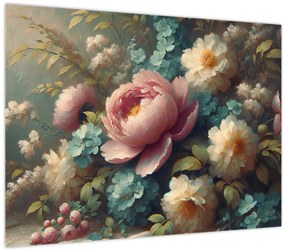 Tablou pe sticlă - Natură moartă cu flori - pictură (70x50 cm)