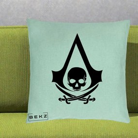 Perna Personalizata Assassin's Creed Black Flag Skull, 40x40 cm, Verde Menta, Husa Detasabila, Perna Inclusa, BEKZ®