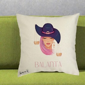 Perna Personalizata Zodiac Balanta Cowgirl, 40x40 cm, Ecru, Husa Detasabila, Perna Inclusa, BEKZ®