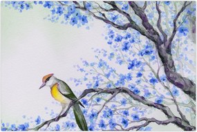 Tablou - Pasăre pe un copac cu flori albastre (90x60 cm)