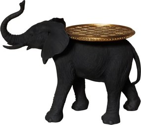 Măsuță laterală sculptată în formă de elefant, negru, cu tavă rotundă aurie, 45,5 x 55,5 x 28,5 cm, „Elephant”