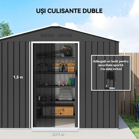 Outsunny Căsuță de Grădină 3.6m² din Oțel Zincat cu Grile de Ventilație, Căsuță de Grădină cu Uși Glisante Duble Blocabile, Acoperiș Înclinat, Căsuță pentru Unelte cu Mănuși, Gri Închis | Aosom Romania