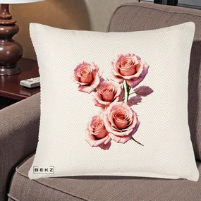 Perna Decorativa Trandafiri Roz Pastel Acuarela, 40x40 cm, Crem Reliefat, Husa Detasabila, Perna Inclusa, BEKZ®