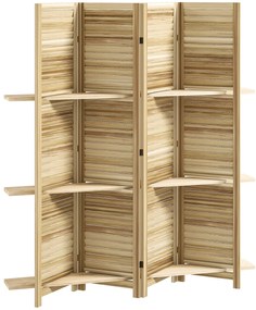 HOMCOM Paravan interior din lemn 4 panouri 160 x 170 cm, separator de cameră pliabil cu 3 rafturi, lemn natural | Aosom Romania