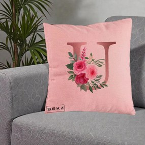 Cadou Personalizat - Perna Personalizata Monograma Rose Gold Litera U, 40x40 cm, Roz, Husa Detasabila, Perna Inclusa, BEKZ®
