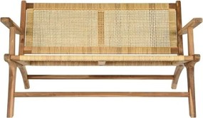 Banchetă cu spătar și brațe din lemn de tec natur și ratan împletit, 68 x 120 x 76 cm, „Tequra”