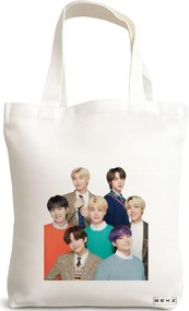 Sacosa de Panza pentru Cumparaturi, Geanta Tote, model BTS Army 5, 38x34.5 cm, Alba, BEKZ®
