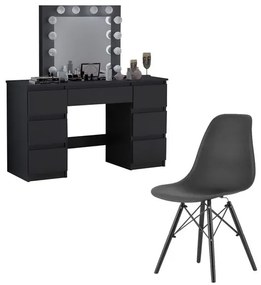 Masa de toaleta/machiaj + scaun stil scandinav, Artool, Vanessa, negru, cu oglinda si LED-uri, 130x43x143 cm