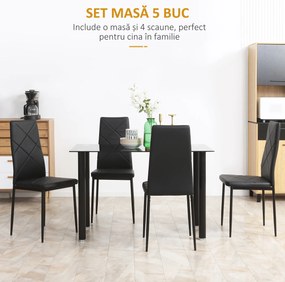 HOMCOM Set Masă și Scaune 5 Piese Dreptunghiulară din Sticlă Temperată și Oțel cu 4 Scaune de Sufragerie Capitonate | Aosom Romania