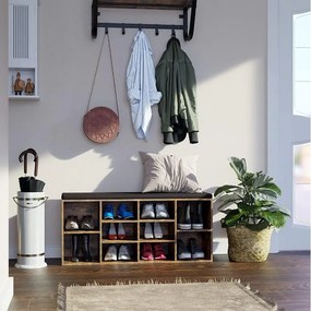 Pantofar cu bancă tapițată GABI, 10 compartimente, 104x30x48cm, negru/maro închis Jurhan