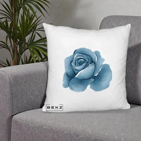 Perna Decorativa Trandafir Albastru Acuarela, 40x40 cm, Alb Pufos, Husa Detasabila, Perna Inclusa, BEKZ®