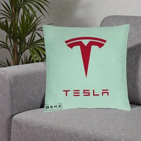 Perna Personalizata cu emblema Tesla, 40x40 cm, Verde Menta, Husa Detasabila, Perna Inclusa, BEKZ®